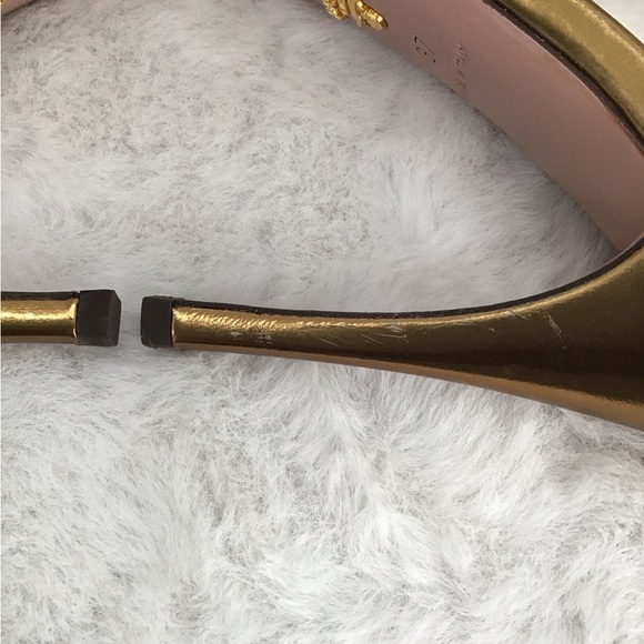 Prada Capretto Jeweled Open Toe Heel Lame Bronze Luxury Designer Size 37EU - Picture 8 of 11